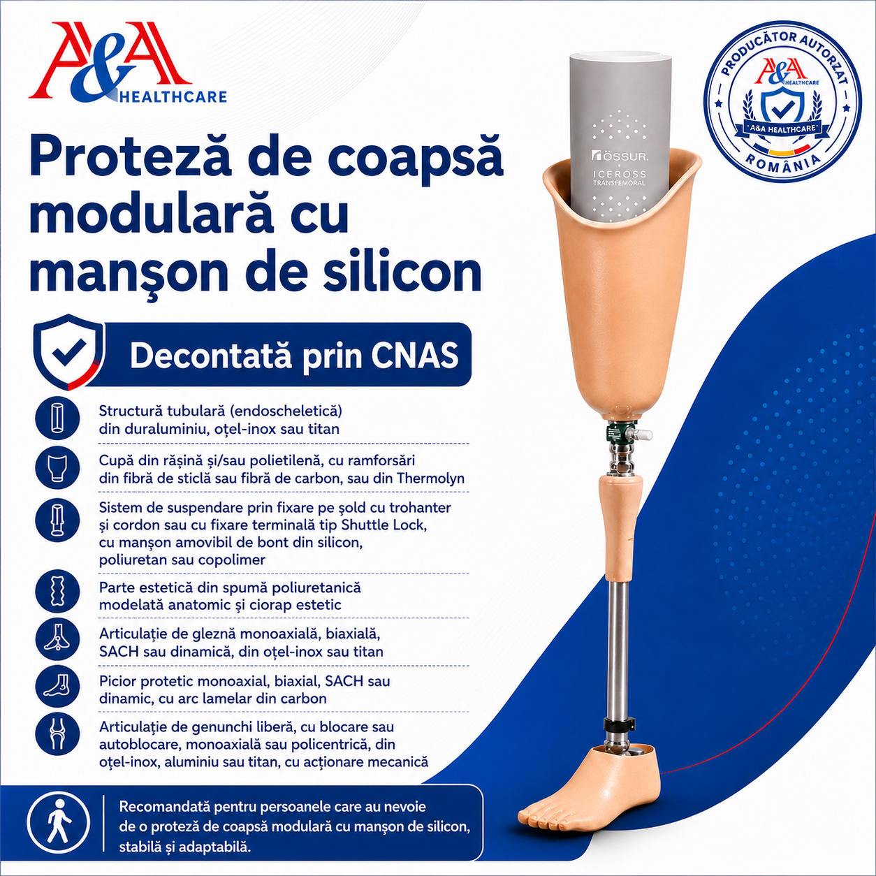 Proteză de coapsă modulară cu manșon de silicon cod A-106