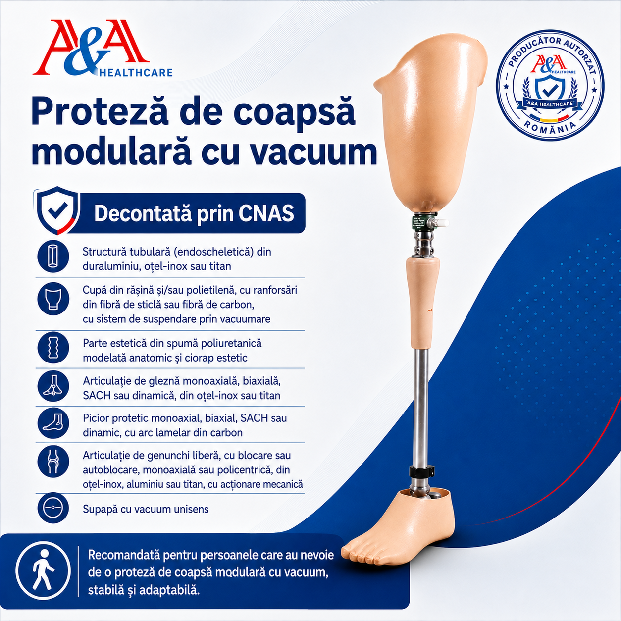 Proteză de coapsă modulară cu vacuum cod A-105