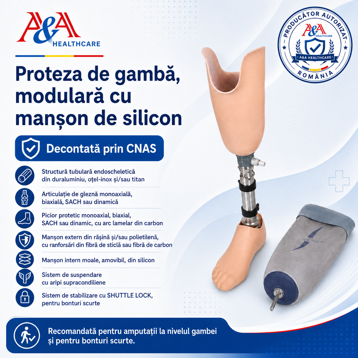 Proteză de gambă modulară cu manșon de silicon cod A-103